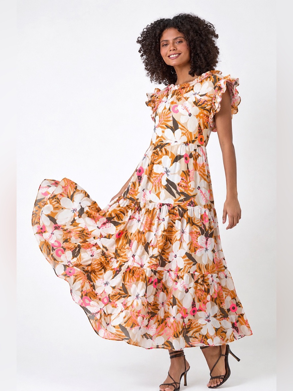 THML Tropical Hibiscus Tiered Maxi Dress Neon Pink Ruffle Boho S